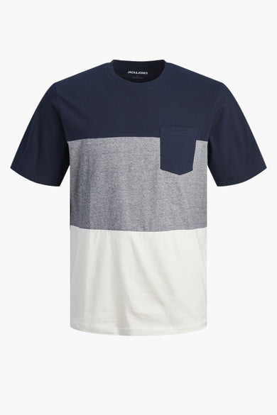 T-shirt bleu avec manches courtes de PREMIUM BLUE par JACK & JONES, avec une poche devant et des panneaux de couleur.