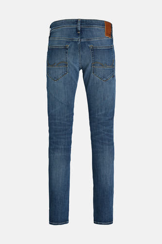 Jeans Slimfit en denim bleu moyen de JACK & JONES JEANS INTELLIGENCE avec une vue arrière, des surpiqûres contrastées et une étiquette de marque marron.