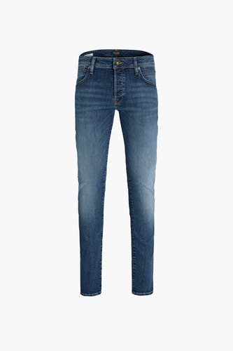 Jean slim en denim bleu, de JACK & JONES JEANS INTELLIGENCE, avec une texture stonewashed et des coutures contrastantes.
