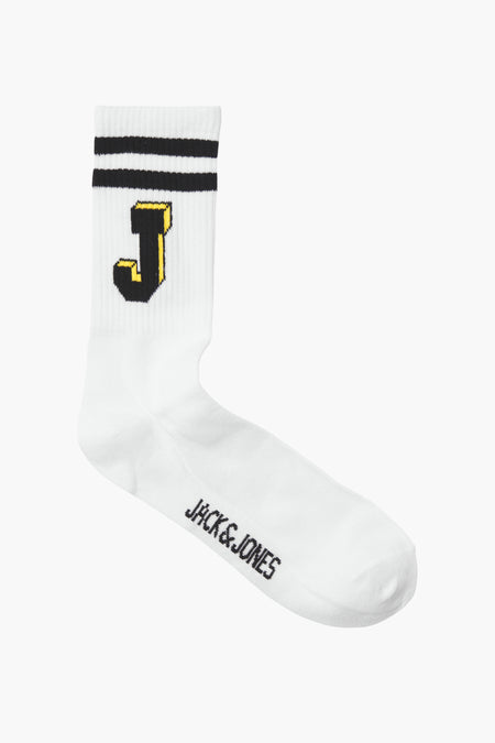 Witte sok met zwarte strepen en gele J-logo van ACCESSORIES BY JACK & JONES, zijaanzicht