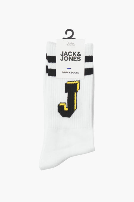 Witte sokken met zwarte en gele J-logo, van ACCESSORIES BY JACK & JONES, ribstructuur en dubbele band aan bovenkant