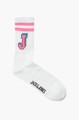 Chaussettes blanches d'ACCESSORIES BY JACK & JONES, avec des rayures roses et une lettre 'J' bleue.