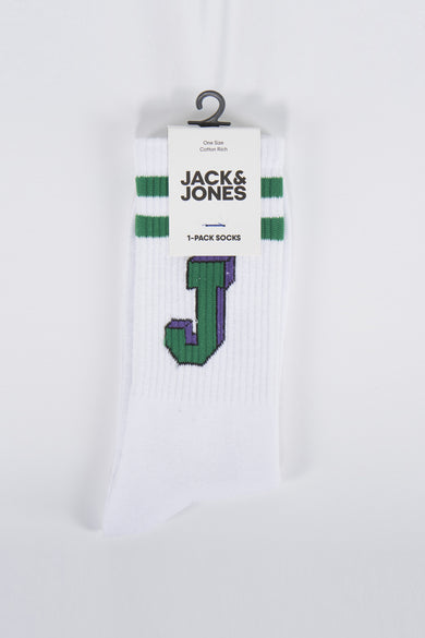 Chaussettes blanches d'ACCESSORIES BY JACK & JONES, avec des rayures vertes et une "J" verte avec un contour violet.
