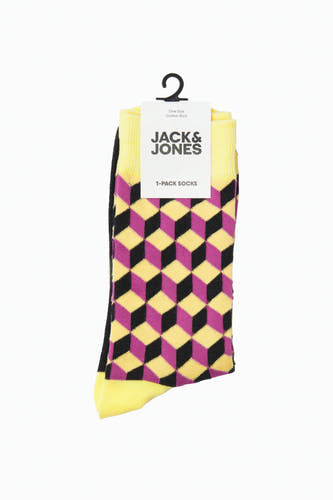 Gele sokken van ACCESSORIES BY JACK & JONES, met paarse en zwarte optische illusie kubuspatronen.