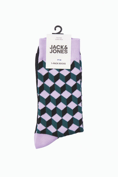Chaussettes violettes à motif géométrique de ACCESSORIES BY JACK & JONES, associées à du vert foncé et du noir, sur un porte-clés.