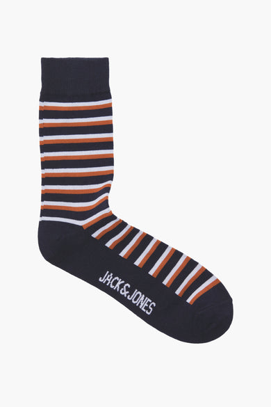 Chaussettes bleues de ACCESSORIES BY JACK & JONES, avec des rayures blanches et marron et un logo imprimé.