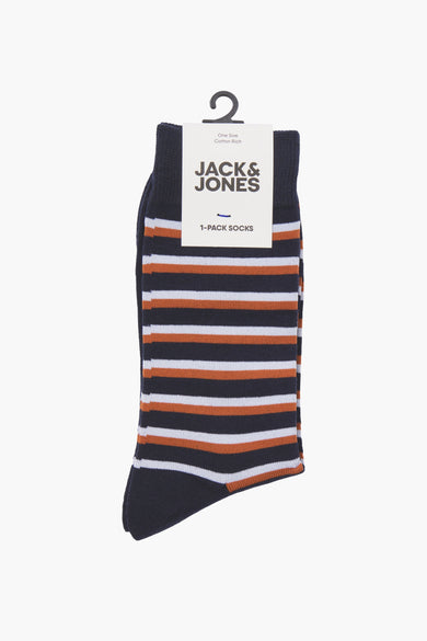 Chaussettes bleues de ACCESSORIES BY JACK & JONES, avec des rayures horizontales marron et blanches.