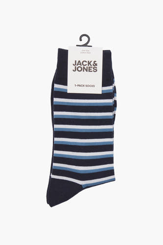 Blauwe gestreepte sokken van ACCESSORIES BY JACK & JONES, met een patroon van donkerblauwe, lichtblauwe en witte horizontale strepen.