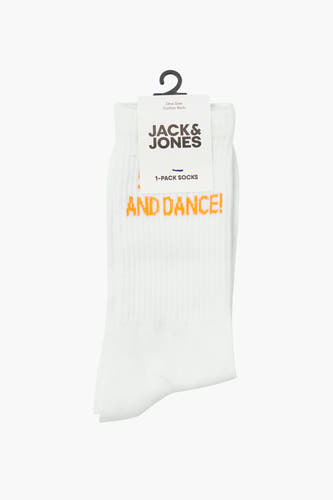 Chaussettes en coton blanc d'ACCESSORIES BY JACK & JONES, avec du texte orange "AND DANCE!" dessus.