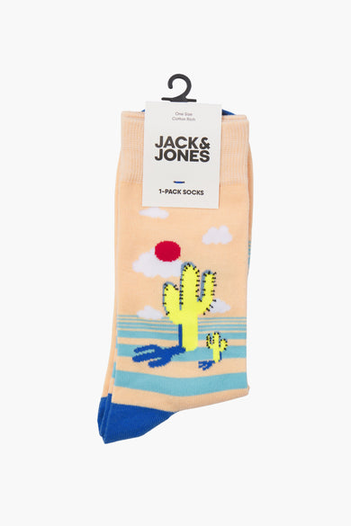 Chaussettes multicolores d'ACCESSORIES BY JACK & JONES, avec des cactus, un soleil, des nuages et des rayures bleues.