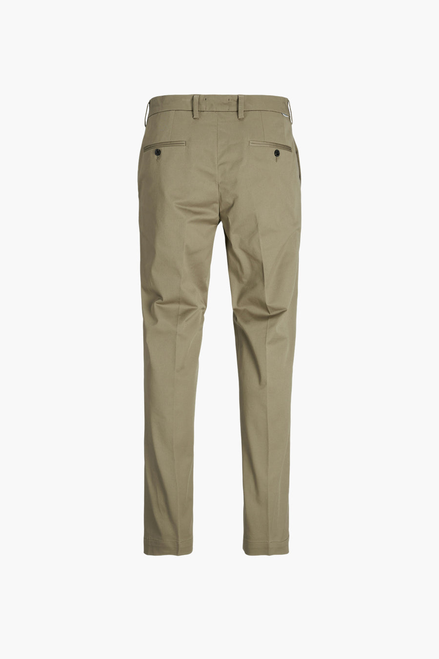 Chino beige de JACK & JONES JEANS INTELLIGENCE, dos avec poches passepoilées à bouton et passants de ceinture, sur fond blanc.
