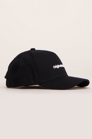 Zwarte pet van ACCESSORIES BY JACK & JONES met witte 'Originals' logo, zij-aanzicht.
