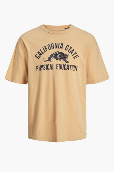 T-shirt beige de PREMIUM BLUE par JACK & JONES, avec une impression noire 'California State Physical Education' et un panther.