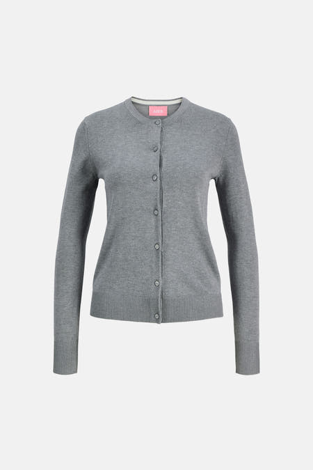 Gilet gris de JJXX, avec une rayure blanche sur le col et une fermeture à boutons.