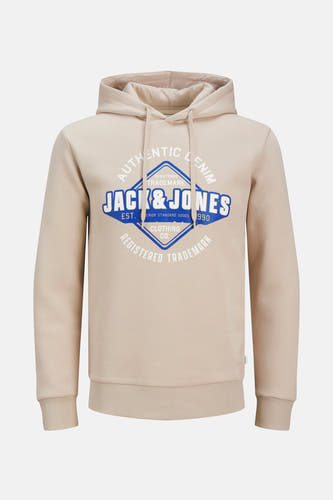 Pull beige à capuche ORIGINALS BY JACK & JONES, avec un imprimé graphique sur le devant.