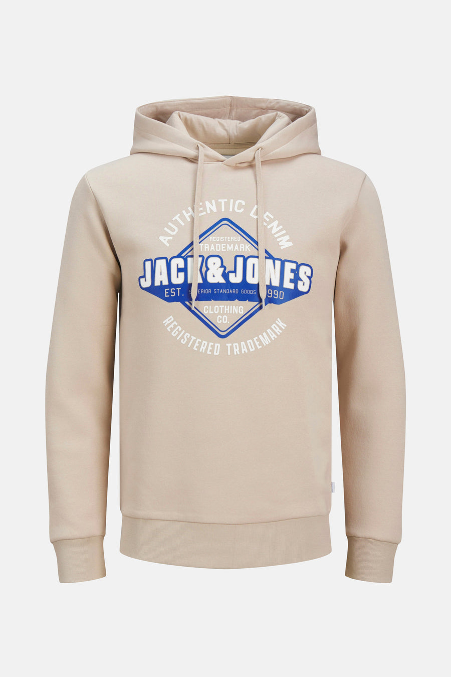Pull beige à capuche ORIGINALS BY JACK & JONES, avec un imprimé graphique sur le devant.