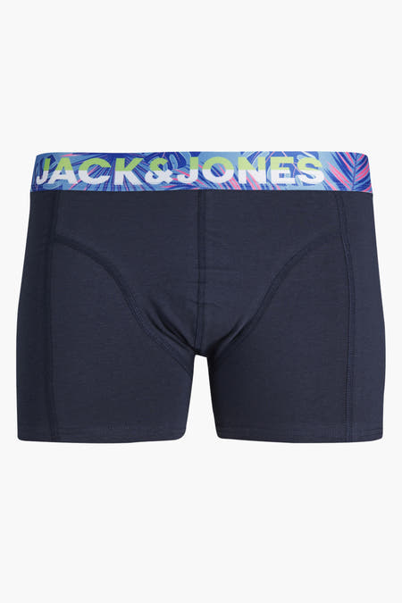 Boxers bleu foncé de ACCESSORIES BY JACK & JONES avec imprimé tropical coloré sur la ceinture, vue de face