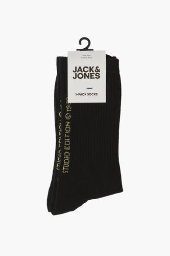 Chaussettes noires en coton de Jack & Jones avec le texte 'Studio Edition' sur le côté.