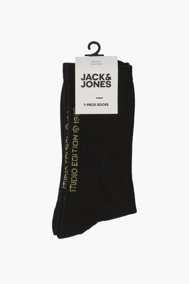 Chaussettes noires en coton de Jack & Jones avec le texte 'Studio Edition' sur le côté.
