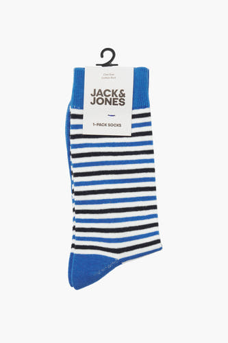 Chaussettes rayées bleues d'ACCESSORIES BY JACK & JONES, avec des rayures noires et blanches horizontales.