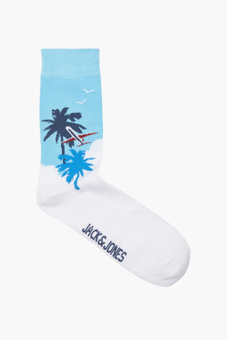Chaussettes bleues d'ACCESSORIES BY JACK & JONES avec des palmiers, un avion et des détails blancs.