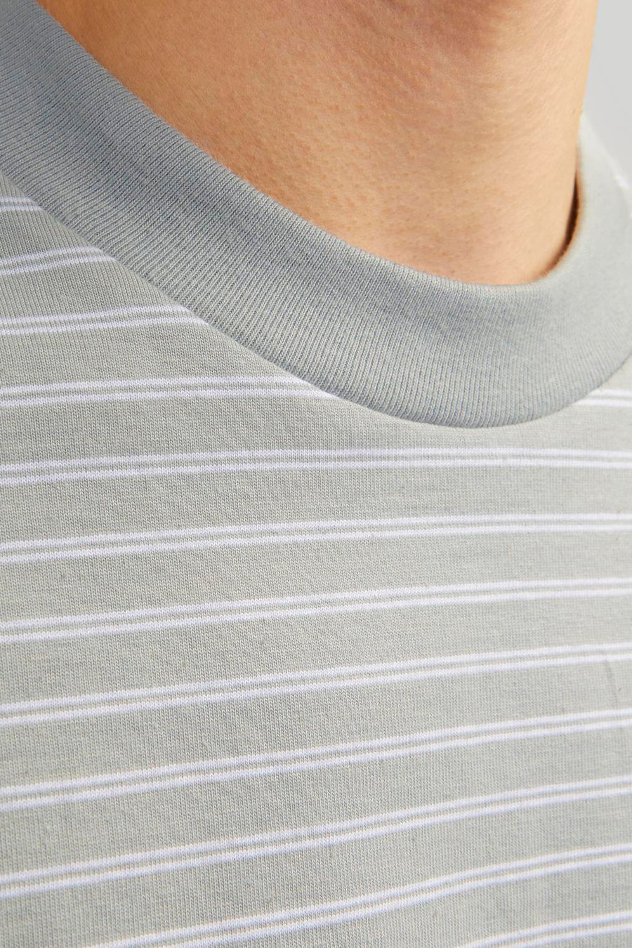 Close-up: lichtgrijs gestreept T-shirt, ronde hals.