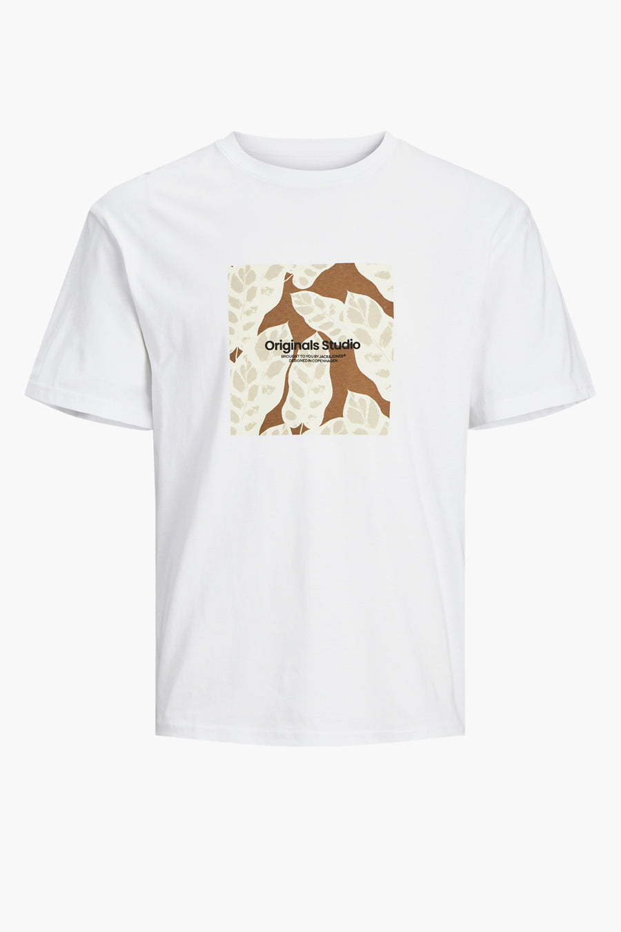 Wit T-shirt met bruine en beige bladerprint.