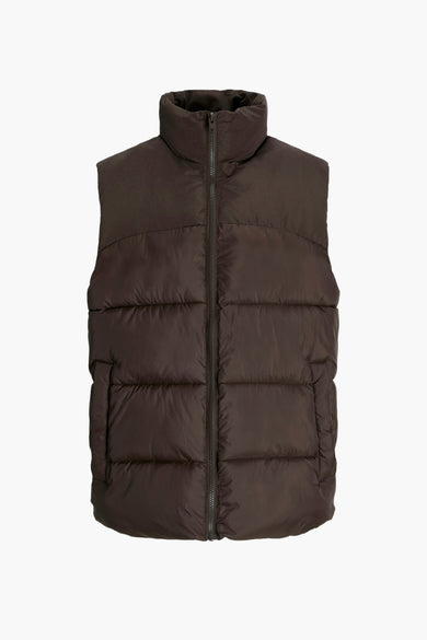 Gilet bodywarmer de couleur marron d'ORIGINALS BY JACK & JONES, avec un col haut et une fermeture verticale.