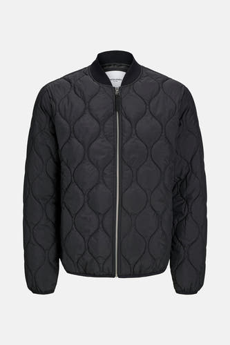 Manteau court noir de PREMIUM BLUE par JACK & JONES, avec un motif de points en forme de lunettes et une fermeture éclair argentée.