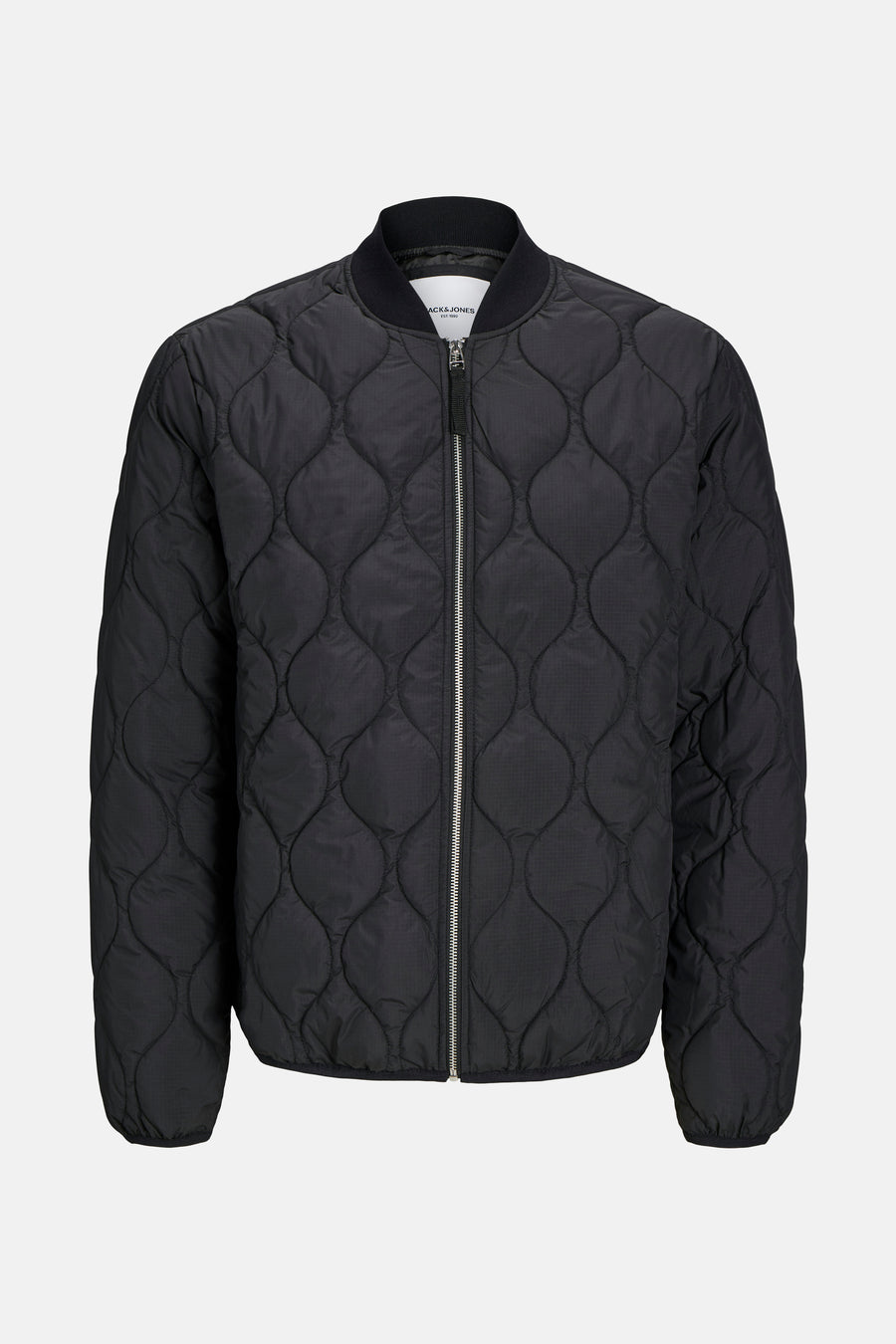 Manteau court noir de PREMIUM BLUE par JACK & JONES, avec un motif de points en forme de lunettes et une fermeture éclair argentée.