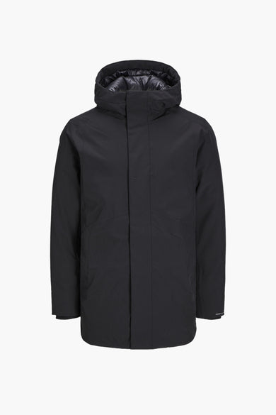 Manteau long noir de CORE BY JACK & JONES, avec capuche et texture lisse.