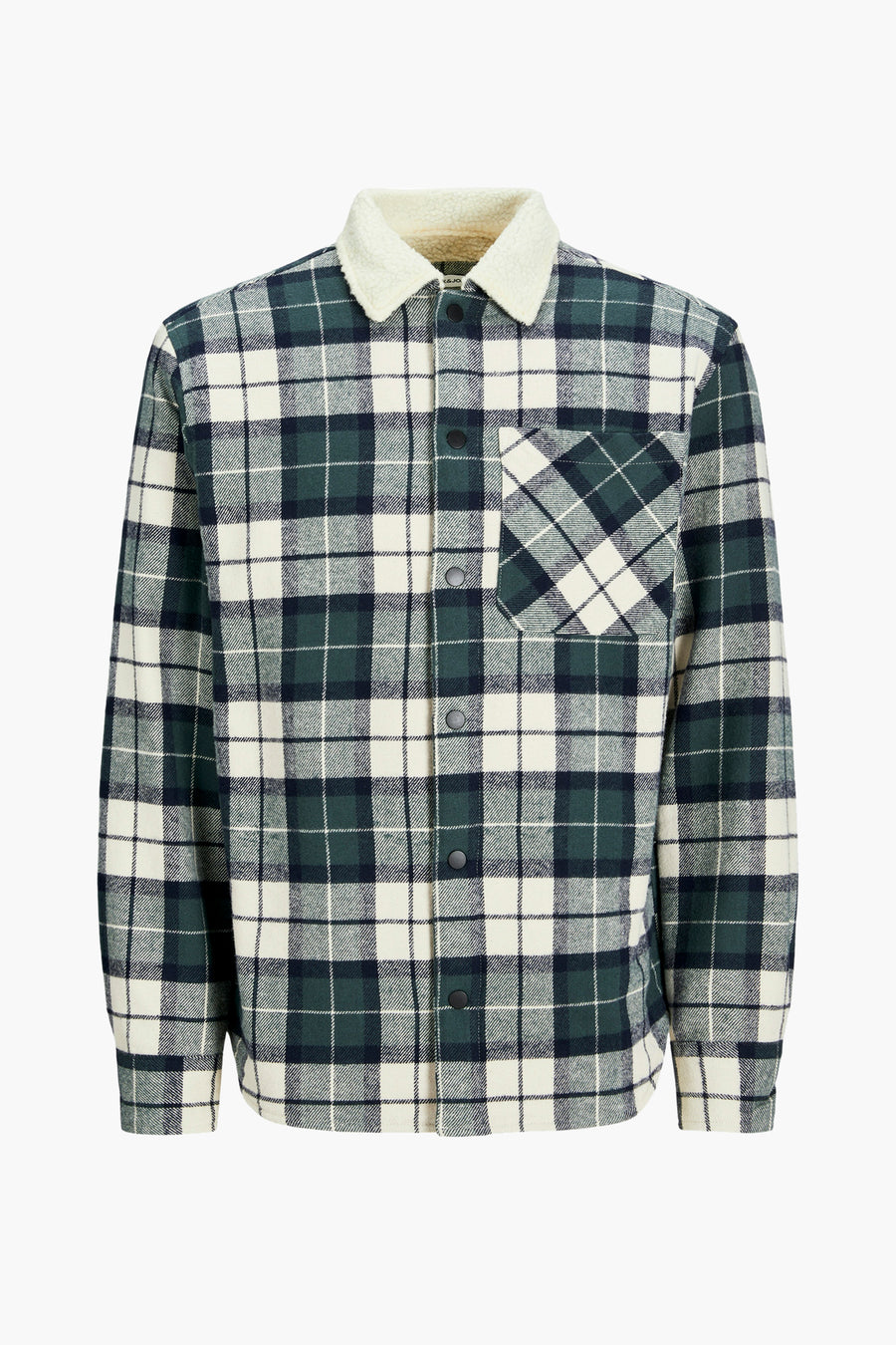 Geruit overhemd met sherpakraag, groen, wit en donkerblauw.