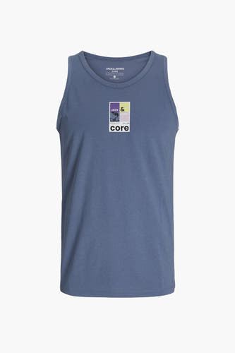 T-shirt sans manches bleu de CORE par JACK & JONES, avec une impression graphique sur la poitrine.