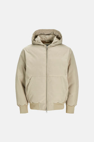 Manteau court beige de CORE BY JACK & JONES avec capuche, fermeture à glissière et motif à fines rayures.