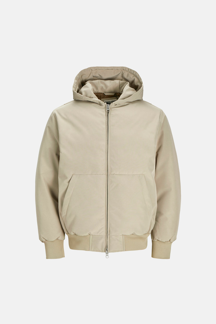 Manteau court beige de CORE BY JACK & JONES avec capuche, fermeture à glissière et motif à fines rayures.