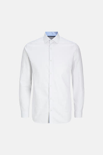 Chemise blanche à manches longues de PREMIUM by JACK & JONES, avec une subtile texture quadrillée et un col bleu.