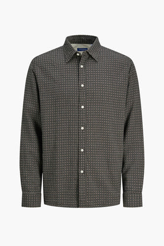 Chemise brune à longues manches d'ORIGINALS BY JACK & JONES, avec un motif de carreaux tissé et des boutons blancs.
