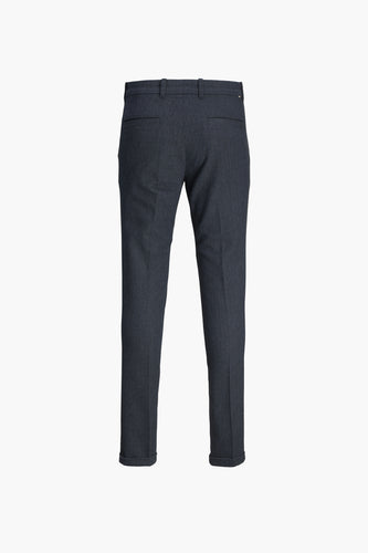 Donkergrijze pantalon, achterkant, effen.
