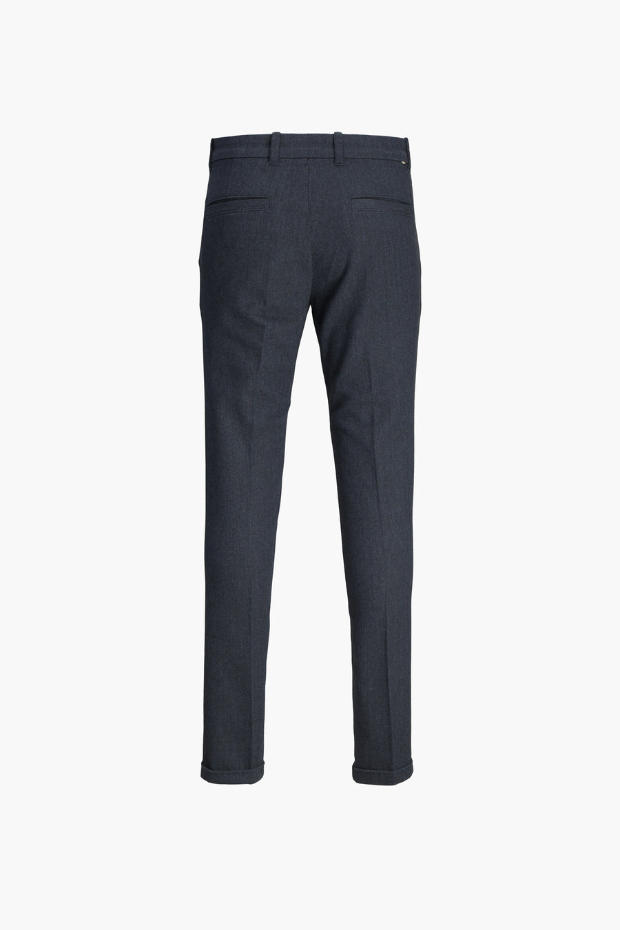 Donkergrijze pantalon, achterkant, effen.
