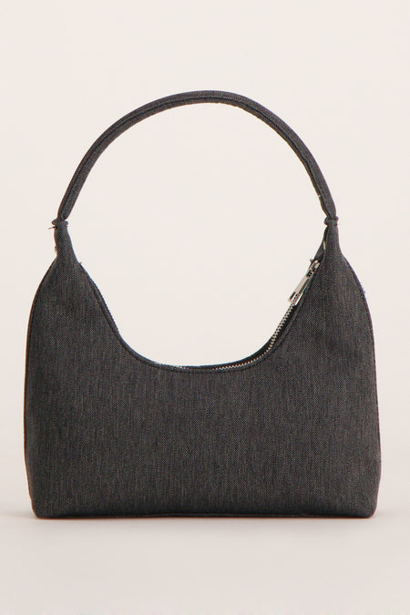 Sac à main en denim gris foncé de JJXX, avec une fermeture éclair argentée et une forme arrondie.