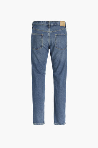 Jean tapered en denim bleu moyen de JACK & JONES JEANS INTELLIGENCE, avec un dos doté de poches arrière et d'une étiquette en cuir.