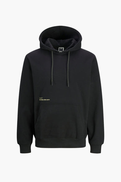 Gilet noir à capuche de CORE par JACK & JONES, avec des manches longues et une poche kangourou à l'avant.