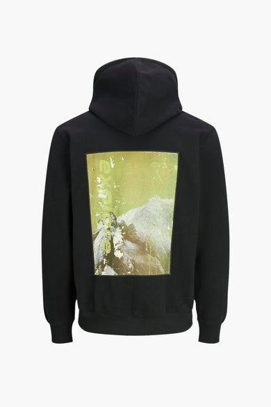 Gilet noir avec capuche de CORE BY JACK & JONES, avec une impression graphique sur le dos.