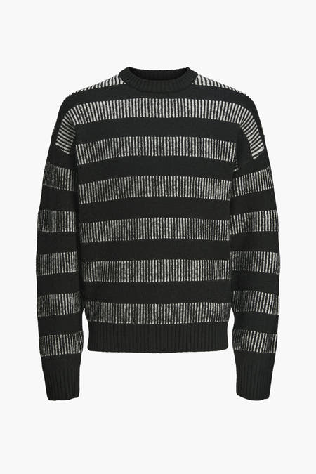 Sweat-shirt noir à col rond de CORE BY JACK & JONES, avec des rayures horizontales et des manches longues.