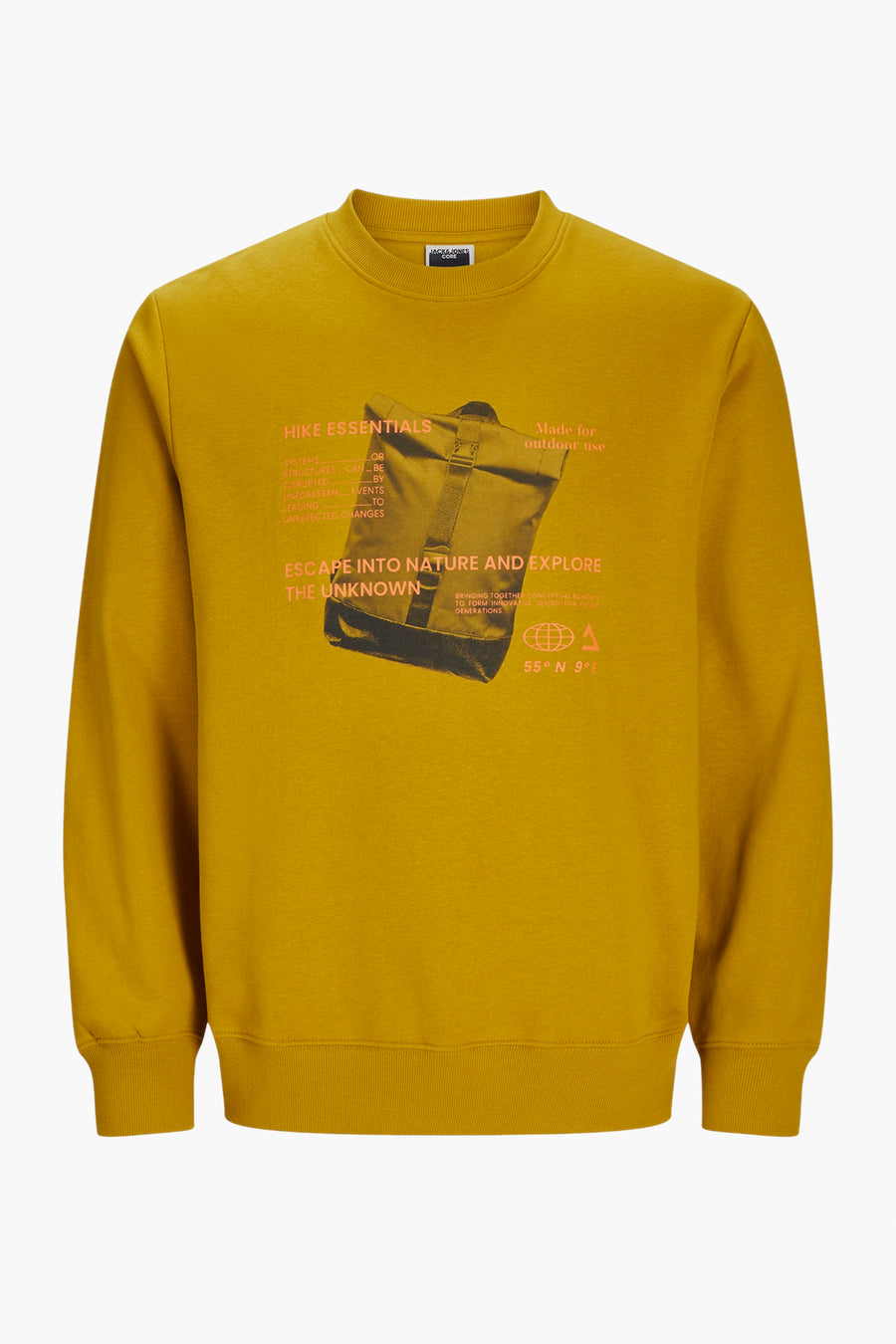 Okergele sweater met rugzakprint.