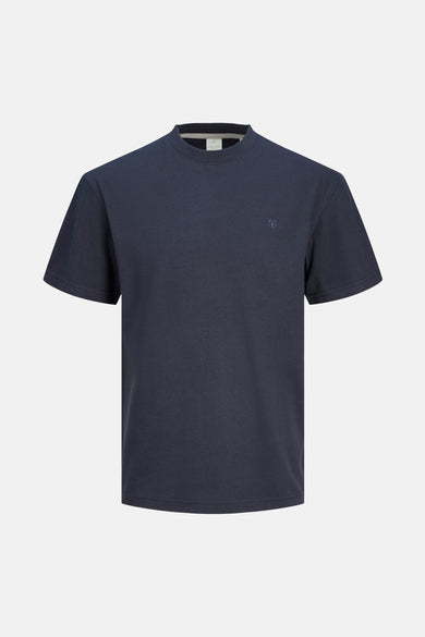 T-shirt bleu à manches courtes de PREMIUM by JACK & JONES, avec un petit logo sur la poitrine.