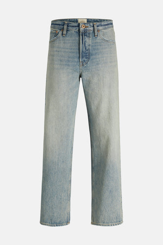 Blauw denim jeans, rechte pijpen.