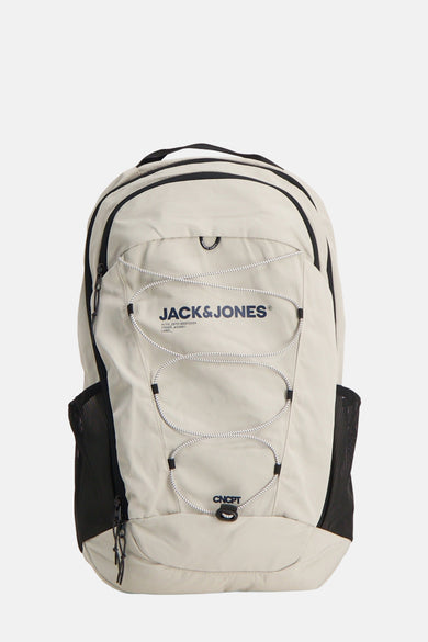 Sac à dos écru d'ACCESSORIES BY JACK & JONES avec des accents noirs et des détails de cordon élastique à l'avant.