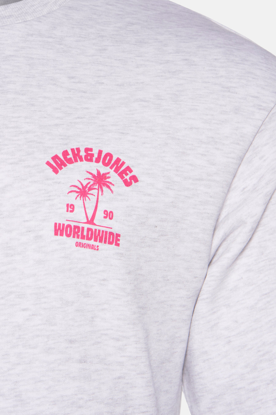 Grijs sweatshirt met roze Jack & Jones logo en palmbomen.