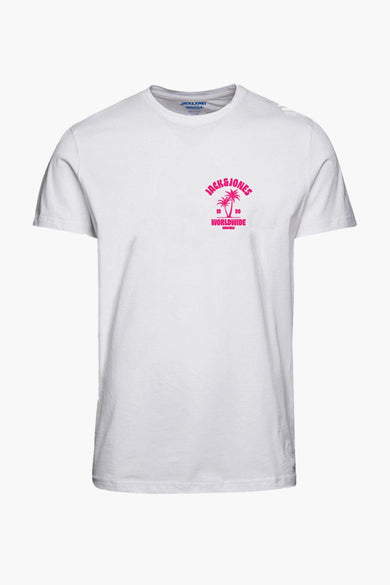 T-shirt blanc à manches courtes d'ORIGINALS par JACK & JONES, avec un imprimé tropical rose sur la poitrine.